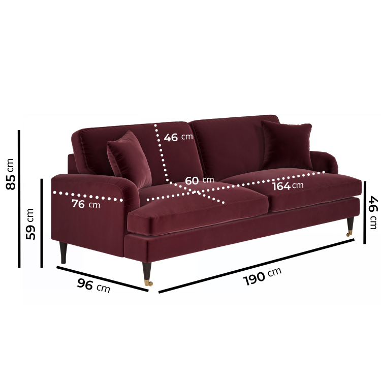 Burgundy Velvet 3 Seater Sofa - Payton