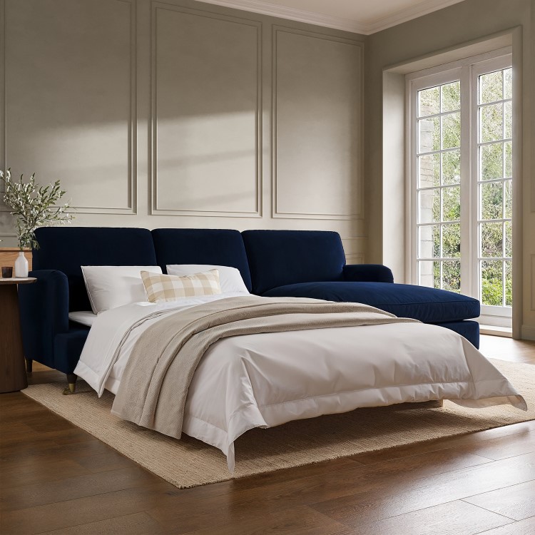 Navy Blue Velvet Right Hand 4 Seater Chaise Corner Sofa Bed - Payton