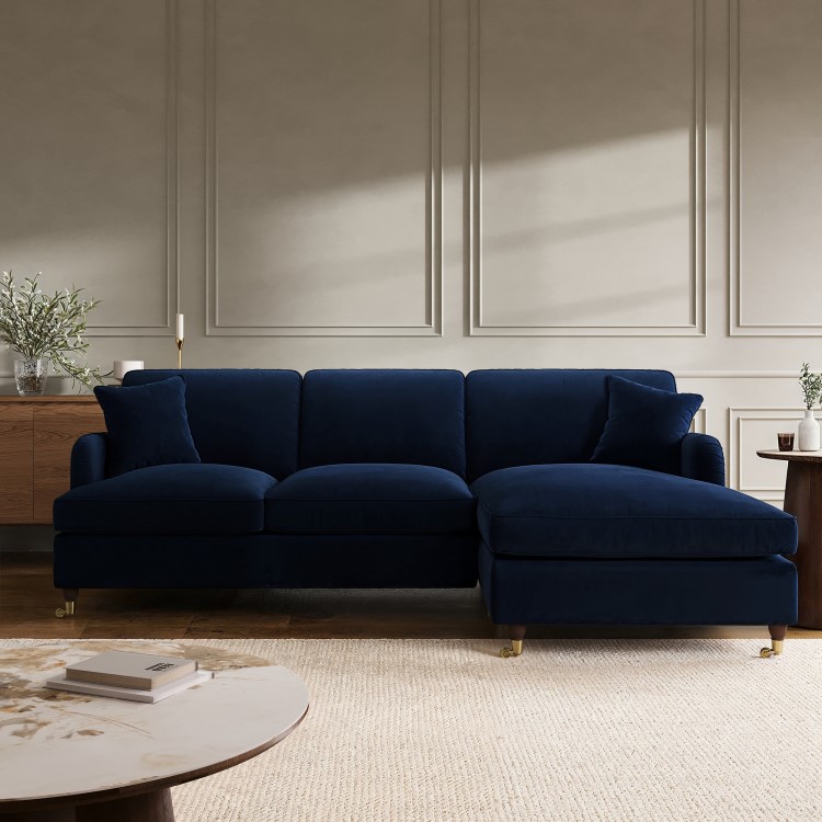 Navy Blue Velvet Right Hand 4 Seater Chaise Corner Sofa Bed - Payton