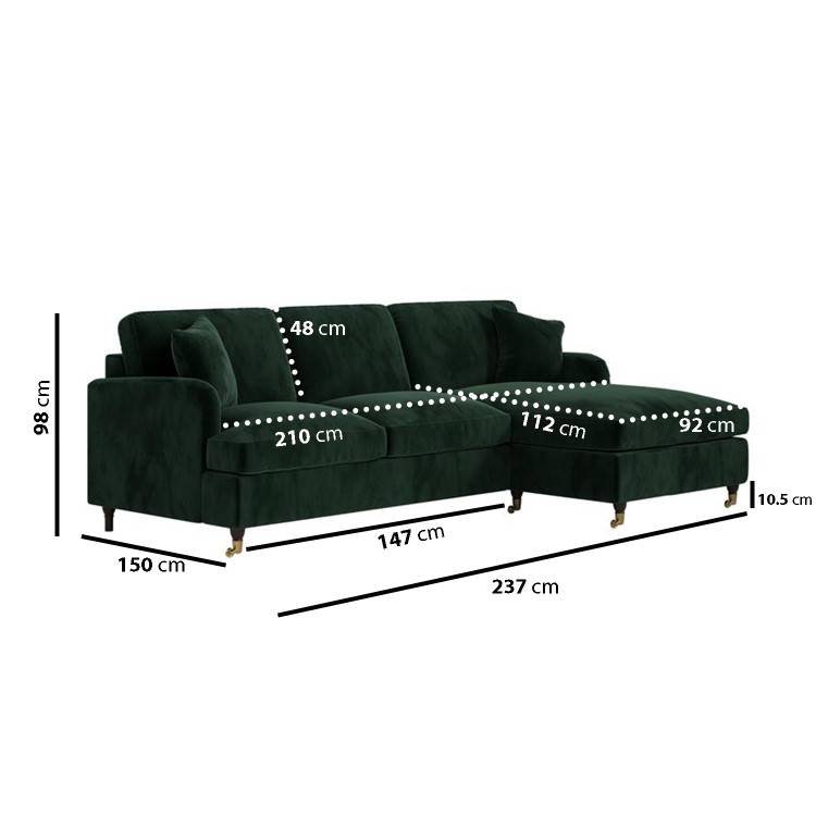 Dark Green Velvet Right Hand Chaise Sofa Bed - Payton
