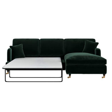 Dark Green Velvet Right Hand 4 Seater Chaise Corner Sofa Bed - Payton