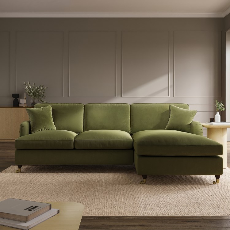 Olive Green Velvet Right Hand 4 Seater Chaise Corner Sofa Bed - Payton