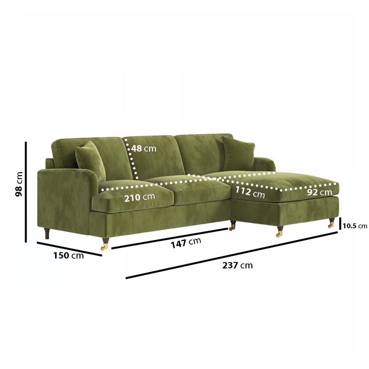 Olive Green Velvet Right Hand 4 Seater Chaise Corner Sofa Bed - Payton