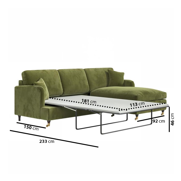 Olive Green Velvet Right Hand 4 Seater Chaise Corner Sofa Bed - Payton
