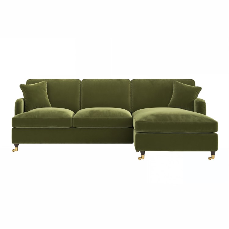 Olive Green Velvet Right Hand 4 Seater Chaise Corner Sofa Bed - Payton