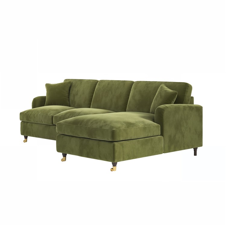 Olive Green Velvet Right Hand 4 Seater Chaise Corner Sofa Bed - Payton