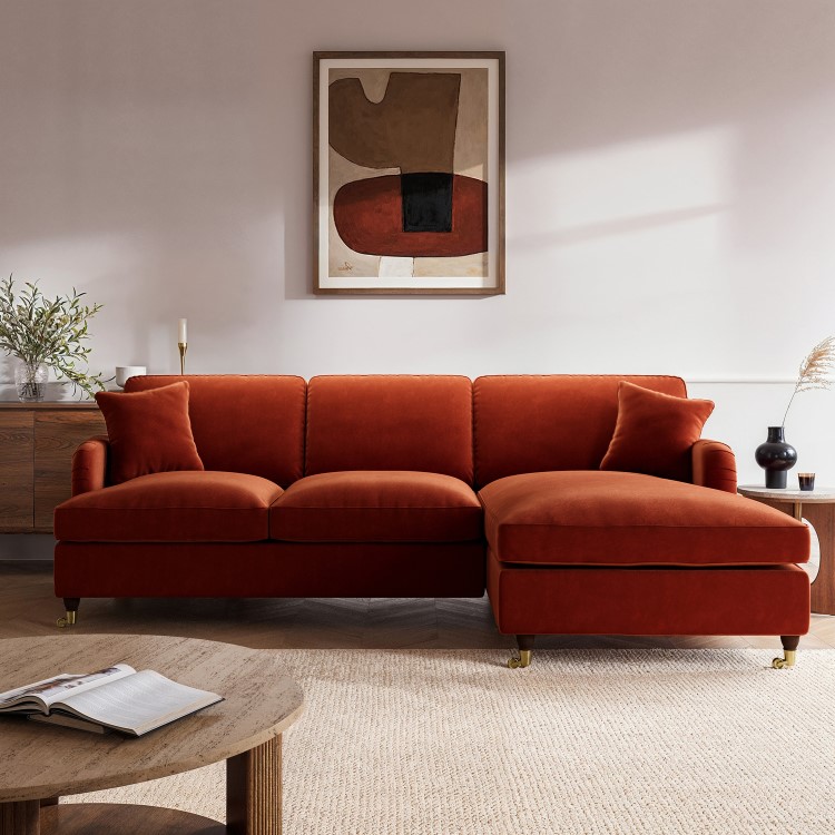 Burnt Orange Velvet Right Hand Chaise Corner Sofa Bed - Payton