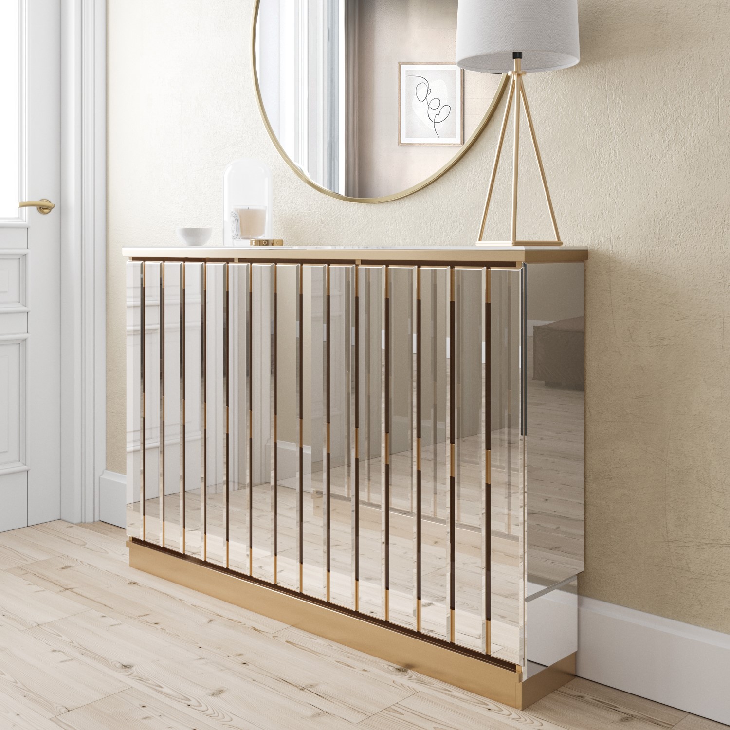 Narrow Mirrored Radiator Cover with Gold Detail - Sophia - BuyItDirect.ie