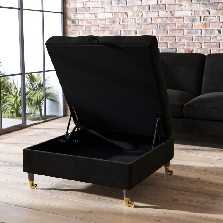Large Black Velvet Chesterfield Footstool with Storage - Payton