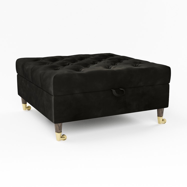 Large Black Velvet Chesterfield Footstool with Storage - Payton