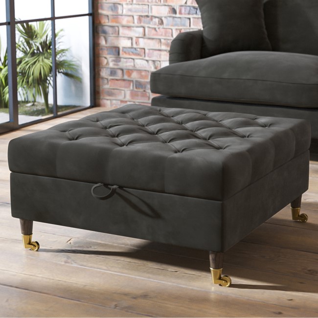 Large Dark Grey Velvet Chesterfield Footstool with Storage - Payton