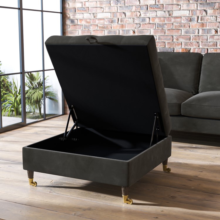 Large Dark Grey Velvet Chesterfield Footstool with Storage - Payton