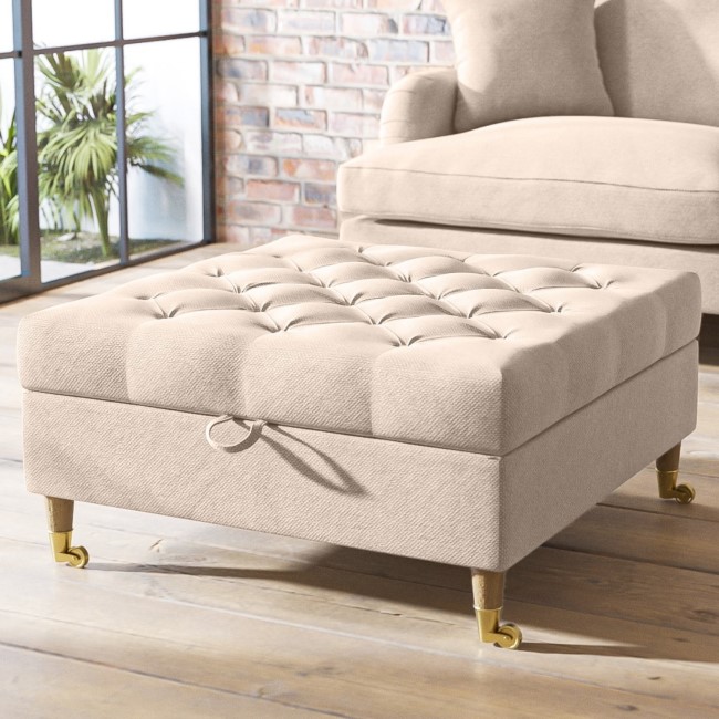Large Beige Fabric Chesterfield Footstool with Storage - Payton