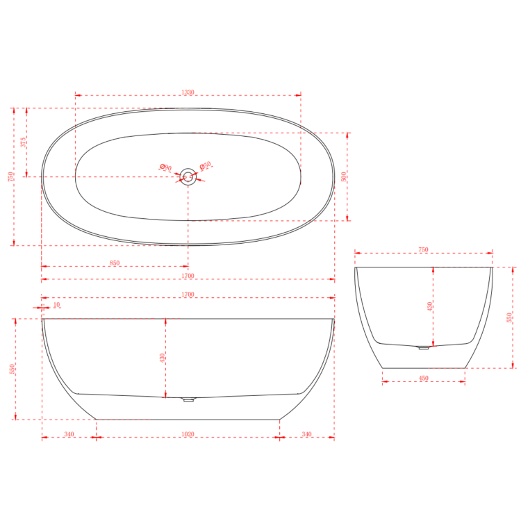 IMPERFECT - Freestanding Double Ended Stone Resin Solid Surface Bath 1700 x 750mm - Opal