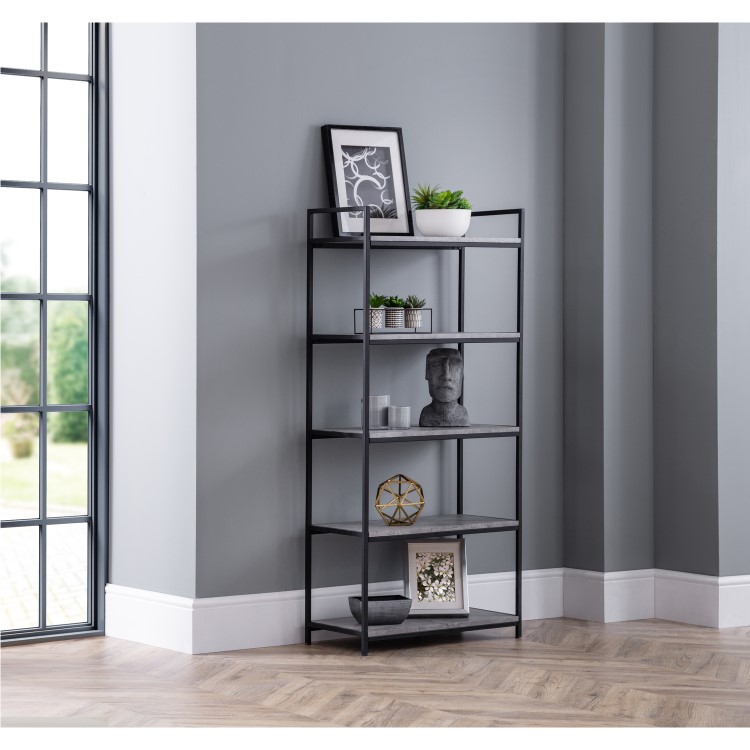 Tall Black Metal Open Bookcase with Faux Concrete Shelves - Julian Bowen