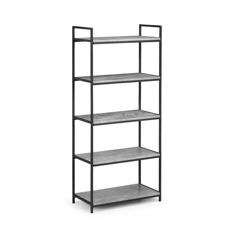 Tall Black Metal Open Bookcase with Faux Concrete Shelves - Julian Bowen