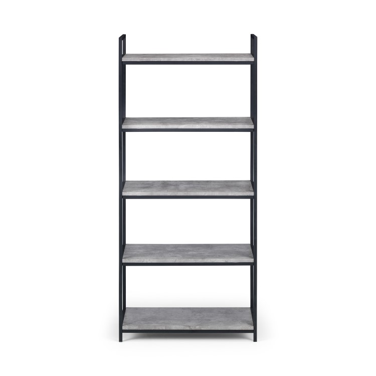 Tall Black Metal Open Bookcase with Faux Concrete Shelves - Julian Bowen