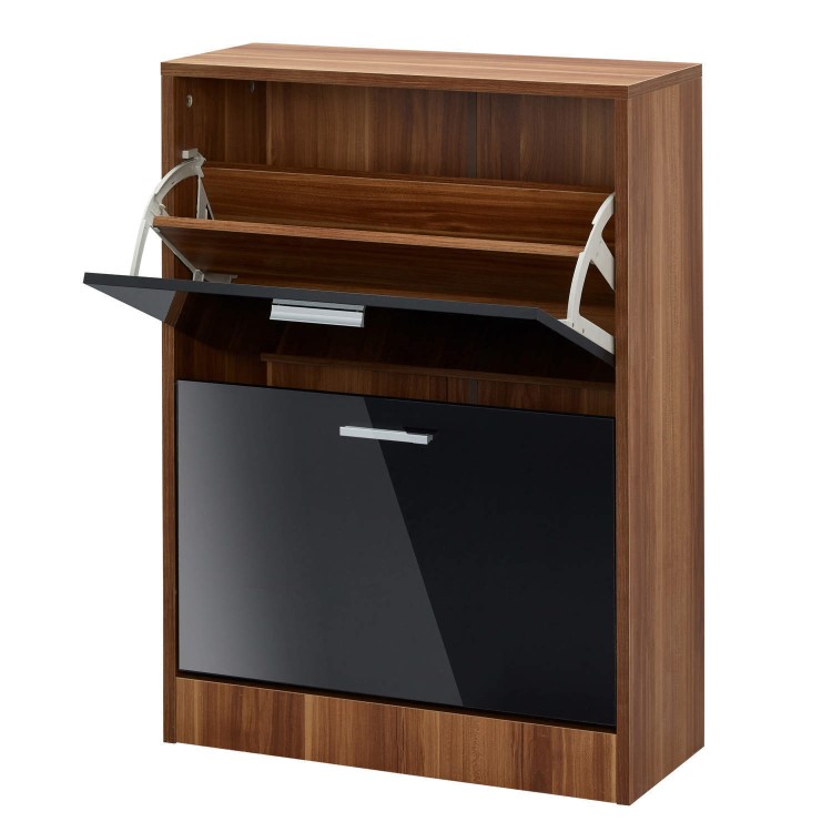 LPD Strand Black High Gloss and Walnut Shoe Storage Cabinet with 2 Shoe Compartments 12 Pairs