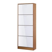 LPD Strand White High Gloss and Walnut Shoe Storage Cabinet with 4 Shoe Compartments 24 Pairs