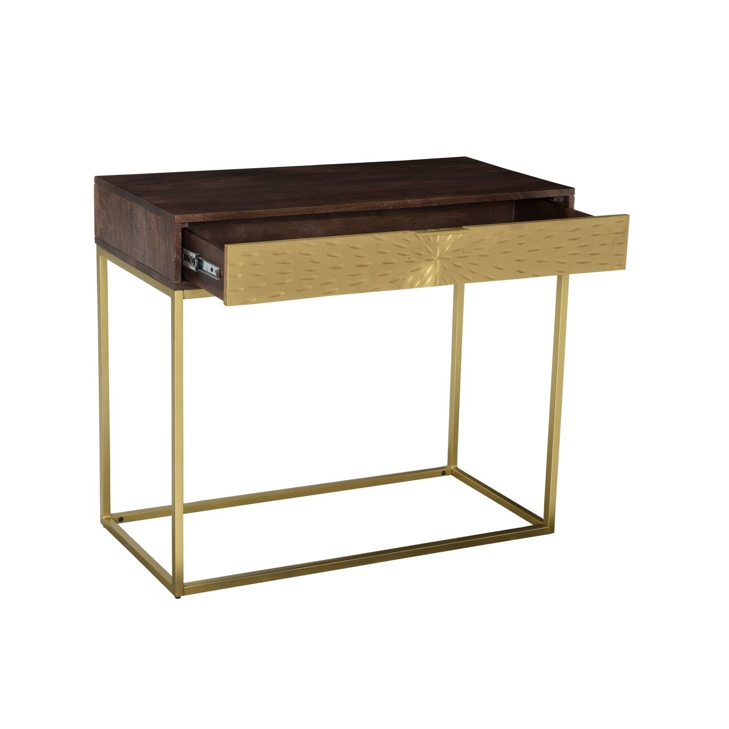 Dark Wood Gold Console Table with Storage Drawer Sunburst