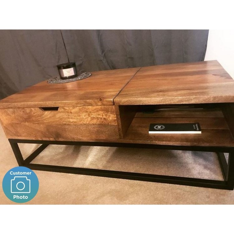 Solid Wood Flip Top Coffee Table with Industrial Black Base - Suri