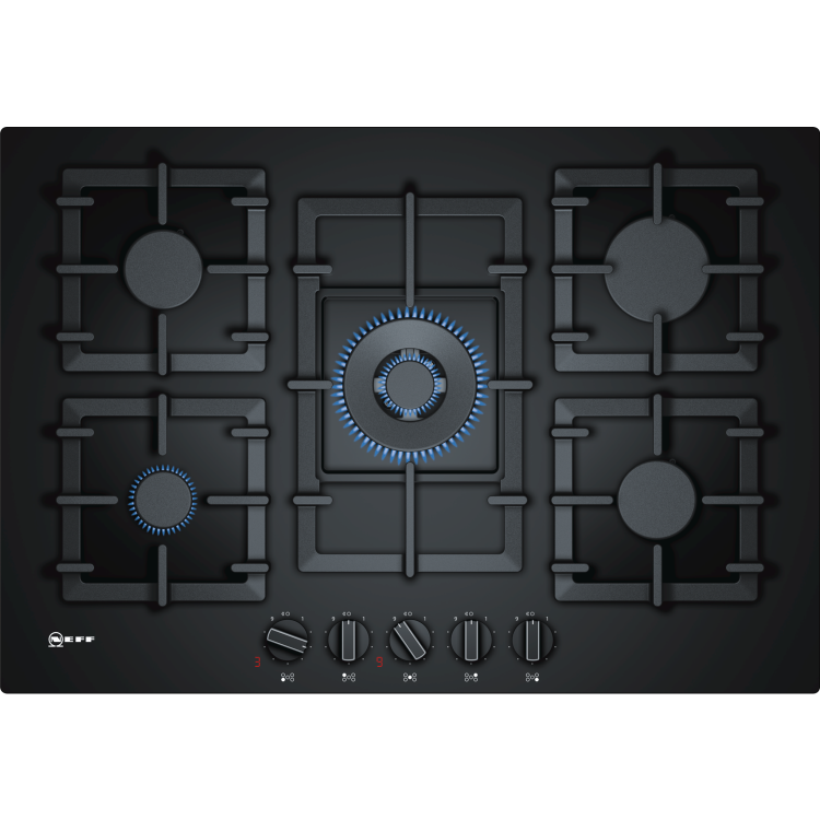 Neff T27CA59S0 75cm Five Zone Gas-on-glass Hob Black With Cast Iron Pan Stands