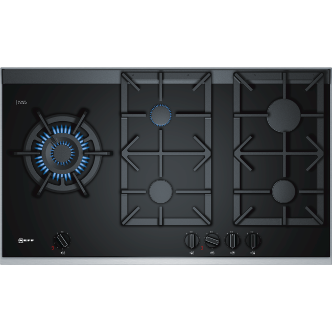 Neff T29TA79N0 90cm Five Burner Gas-on-glass Hob Black With Cast Iron Pan Stands