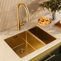 1.5 Bowl Undermount Brushed Brass Stainless Steel Kitchen Sink - Enza Tamara 1.5 Bowl Undermount Brushed Brass Stainless Steel Kitchen Sink - Enza Tamara
