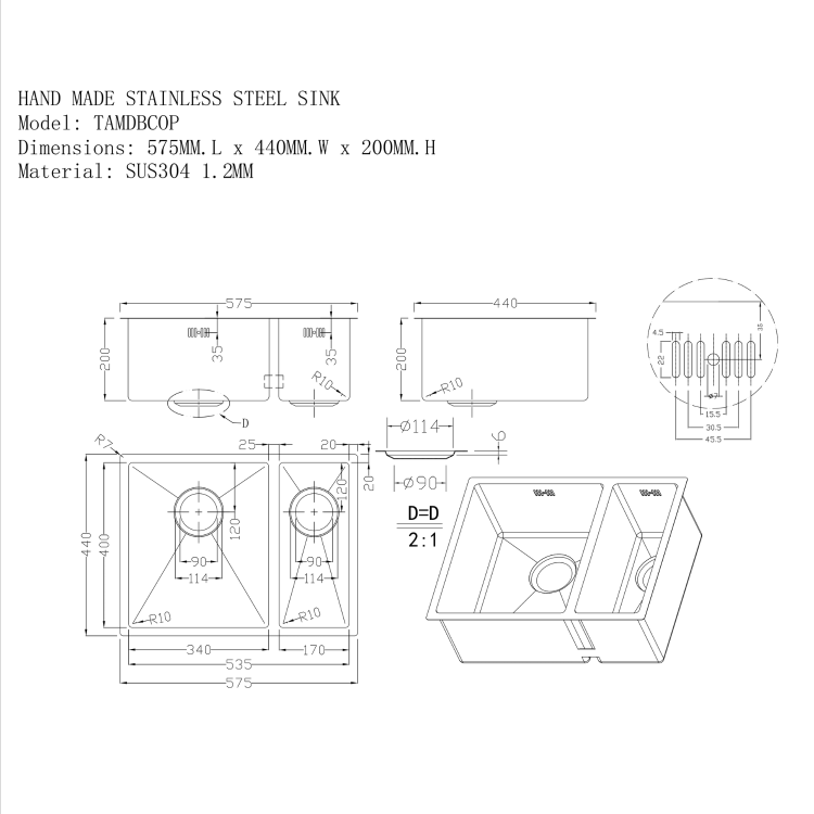 1.5 Bowl Undermount Copper Stainless Steel Kitchen Sink - Enza Tamara