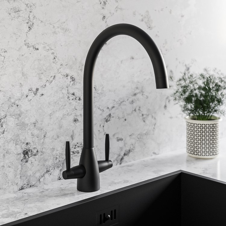 GRADE A2 - Tamara Twin Lever Matte Black Kitchen Mixer Tap