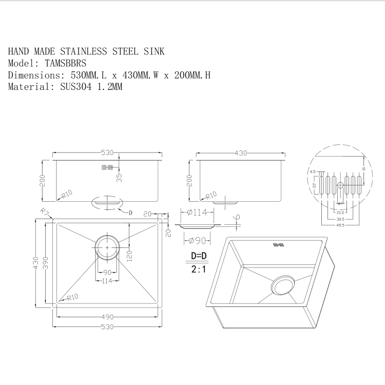 Single Bowl Brass Undermount Stainless Steel Kitchen Sink- Enza Tamara