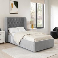 Grey Velvet Single Side-Lift Chesterfield Ottoman Bed - Taylor Grey Velvet Single Side-Lift Chesterfield Ottoman Bed - Taylor