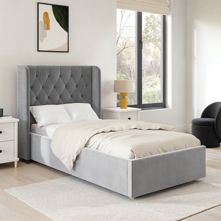 Grey Velvet Single Side-Lift Chesterfield Ottoman Bed - Taylor