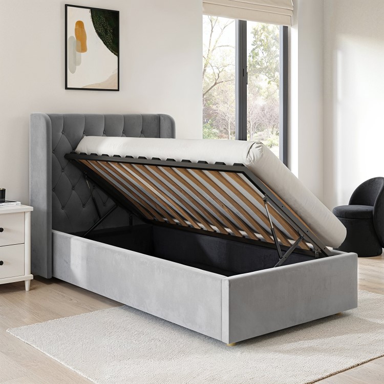 Grey Velvet Single Side-Lift Chesterfield Ottoman Bed - Taylor