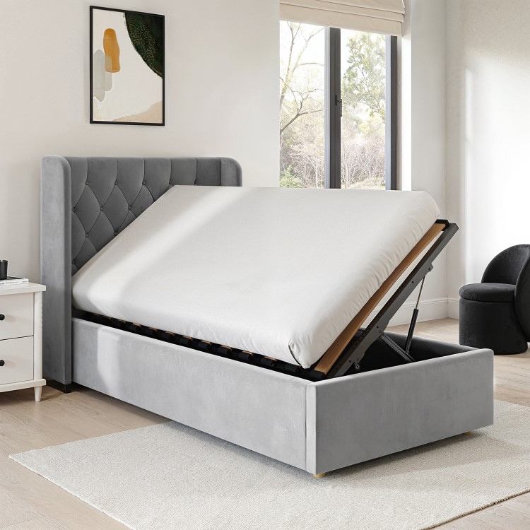 Grey Velvet Single Side-Lift Chesterfield Ottoman Bed - Taylor