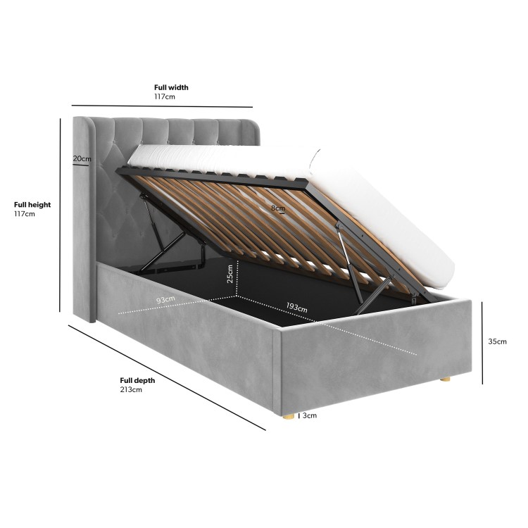 Grey Velvet Single Side-Lift Chesterfield Ottoman Bed - Taylor