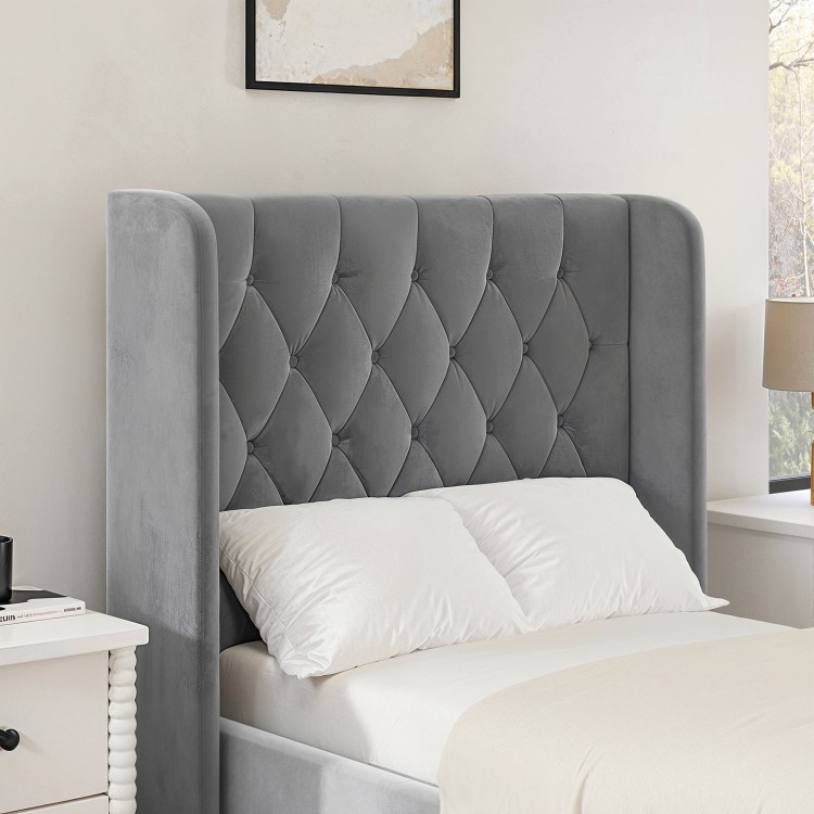 Grey Velvet Single Side-Lift Chesterfield Ottoman Bed - Taylor