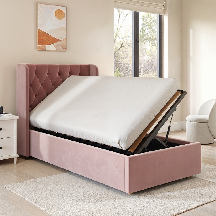Pink Velvet Single Side-Lift Chesterfield Ottoman Bed - Taylor