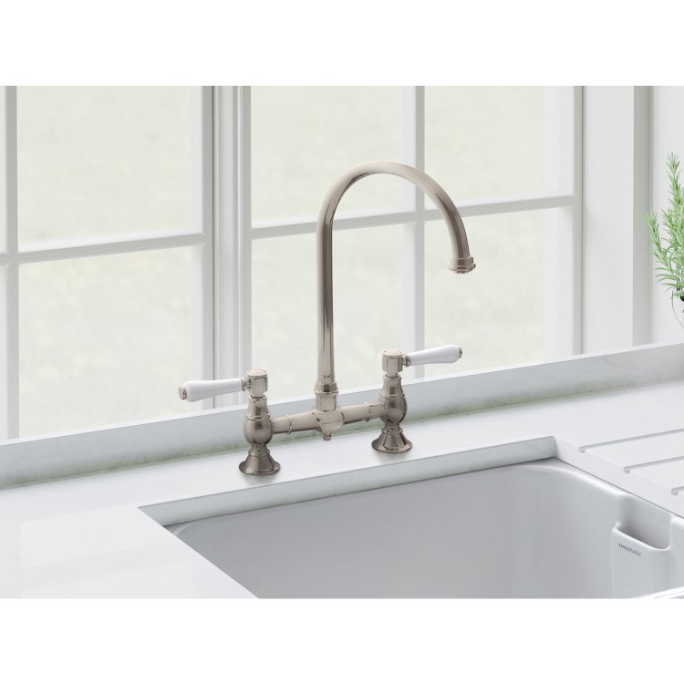 Rangemaster Belfast Brushed Dual Lever Bridge Kitchen Mixer Tap