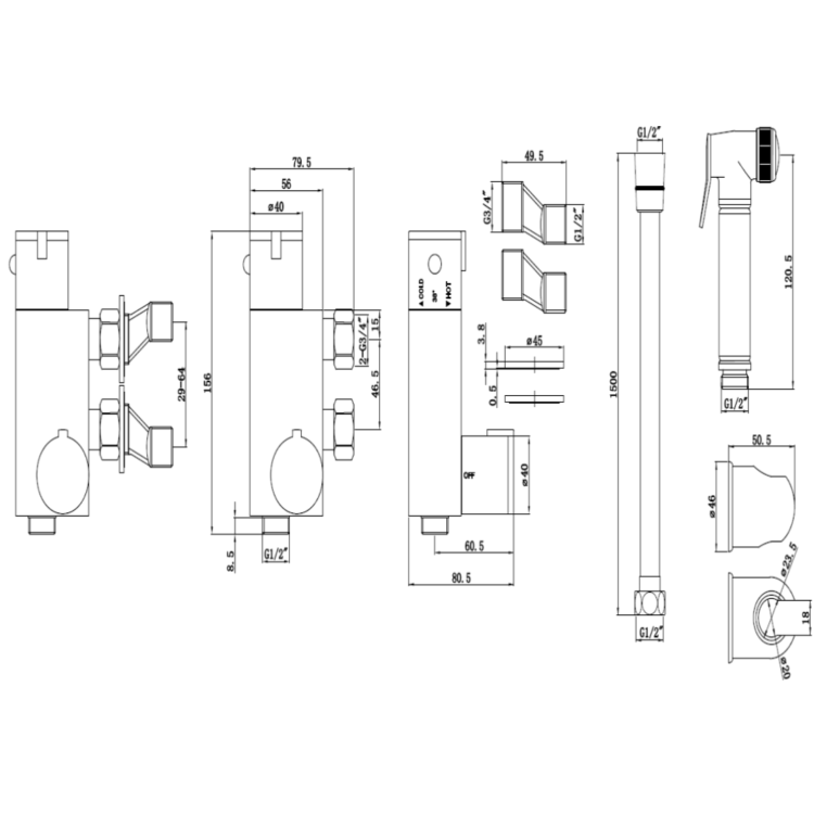 Black Thermostatic Douche Shower / Bidet Shower Spray Kit - Arissa