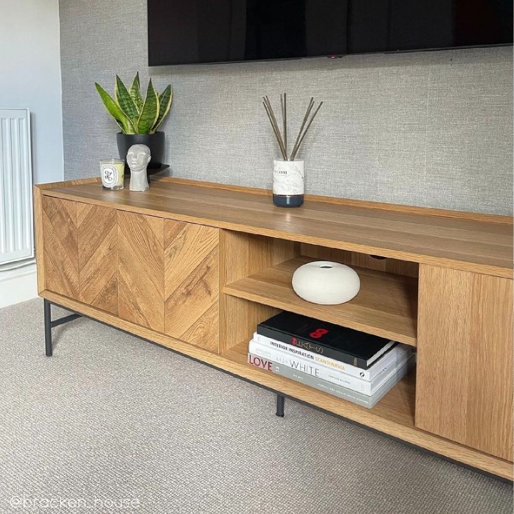 Chevron Solid Wood TV Stand with Storage - TV's up to 70" - Telsa
