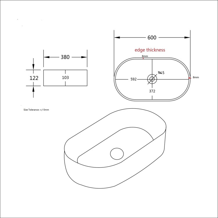 GRADE A1 - White Oval Countertop Basin 600mm - Tennessee