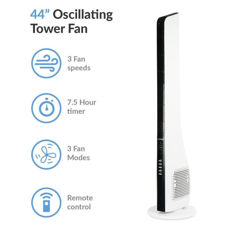 electriQ 44 Inch Tower Fan with Remote Control 3 Speed Settings Timer & Oscillation Functions