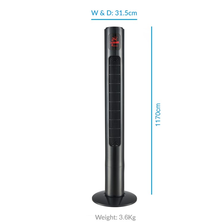 electriQ 46 Inch Black Tower Fan with Remote Control 3 Speed Settings Timer & Oscillation Functions
