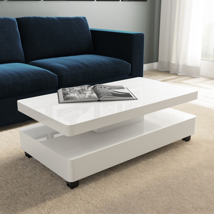 Rectangular White Gloss LED Coffee Table with Storage - Tiffany