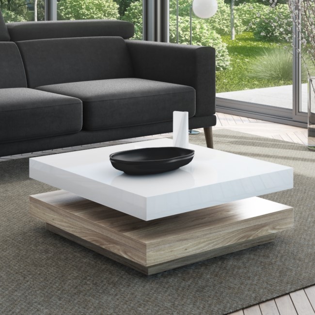 Square Coffee Table in White High Gloss & Light Wood Effect - Tiffany