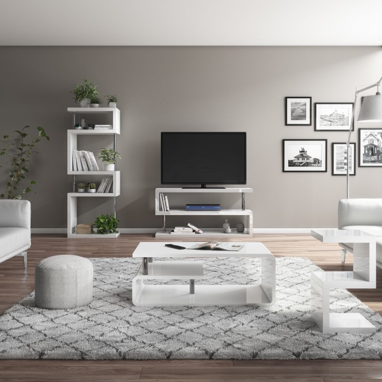 Artemis White High Gloss Bookcase with Geometric Shelf Design