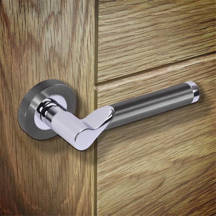 Internal Black Nickel and Silver Polished Chrome Bathroom Lever Door Handle with Lock, Latch and Hinges Pack - 75mm Latch - Timis - XL Joinery