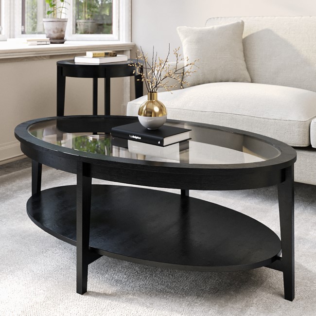Large Oval Black Wood Coffee Table with Glass Top - Toula