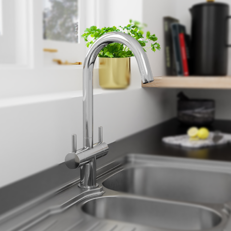 Essence Otto Chrome Twin Lever Kitchen Mixer Tap